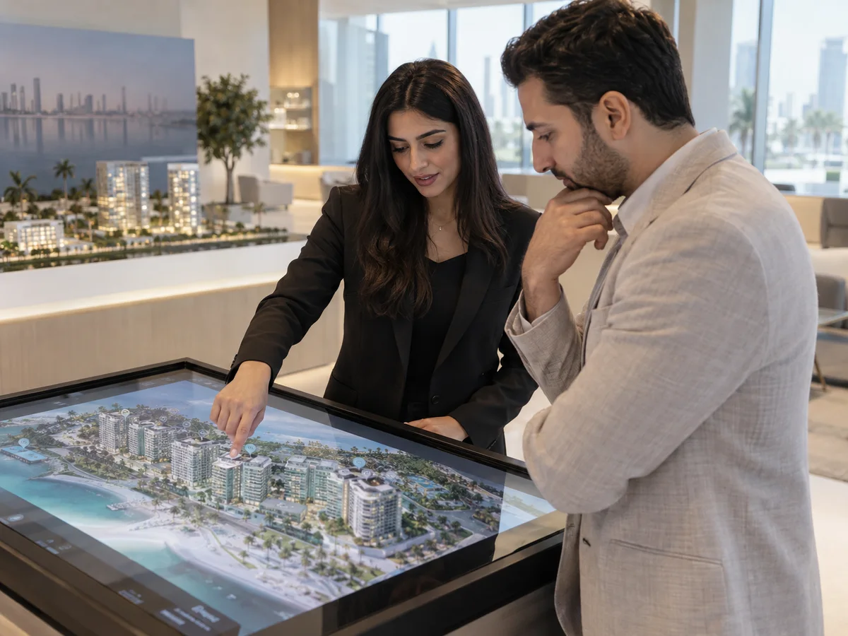 AI-generated concept: Touch-led property exploration in a sales centre