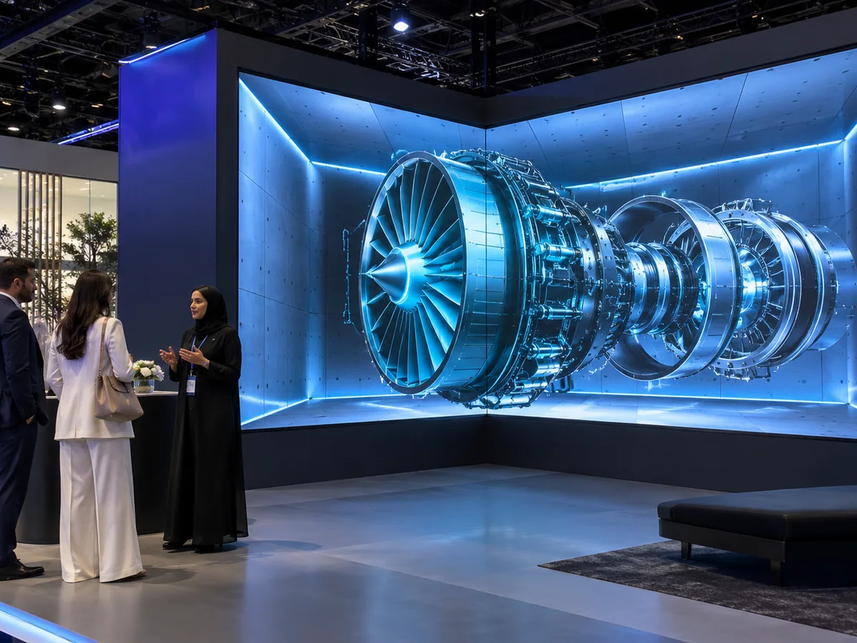 AI-generated concept: An imagined exhibition stand with a dimensional CGI product reveal
