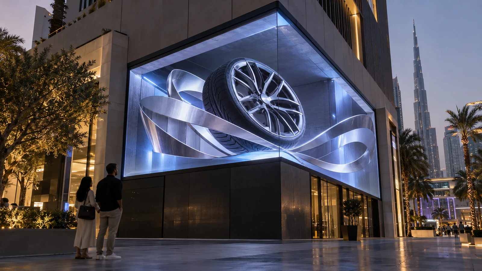 AI-generated concept: An imagined corner LED display with forced-perspective automotive CGI