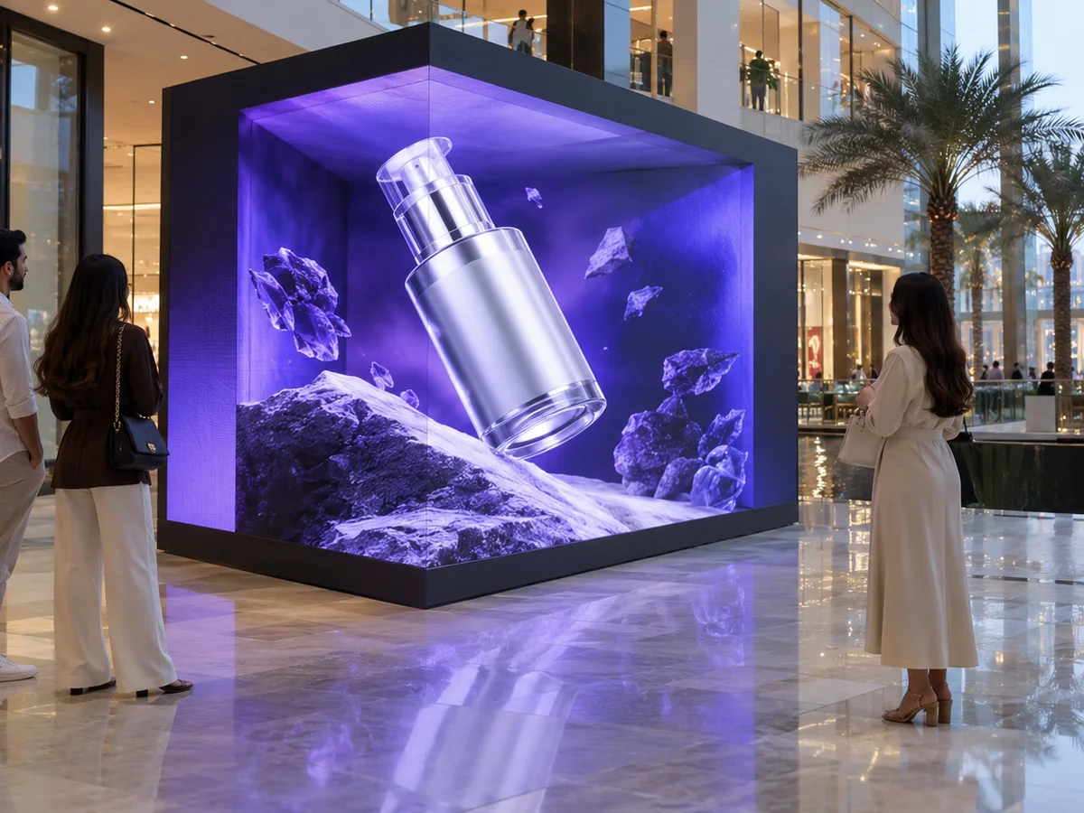 AI-generated concept: An imagined product reveal on a retail atrium LED display