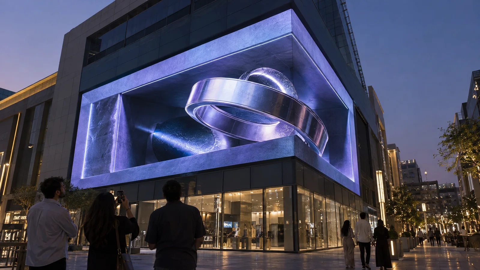 AI-generated concept: corner LED screen showing anamorphic CGI in a UAE shopping district